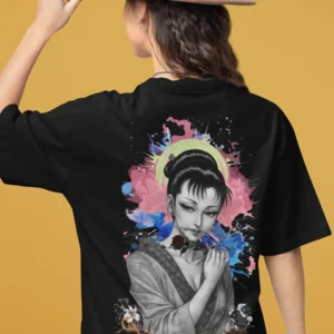 Oversized streetwear t-shirt featuring manga-inspired woman with rose, crown of thorns, and splash of colors.