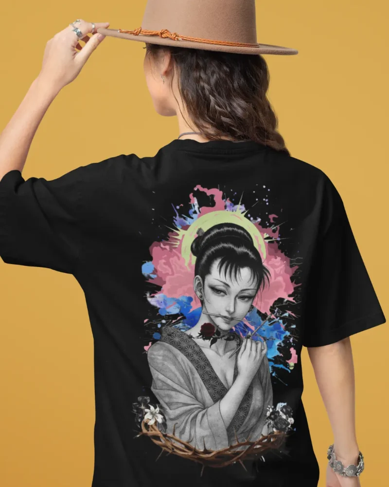 Oversized streetwear t-shirt featuring manga-inspired woman with rose, crown of thorns, and splash of colors.