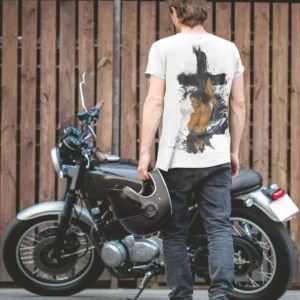 Oversized streetwear t-shirt featuring manga-inspired martial art pose against a painted cross background.