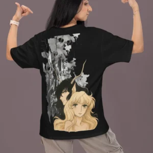 Oversized streetwear t-shirt featuring two manga-inspired characters framed against a gothic castle background in monochrome style.