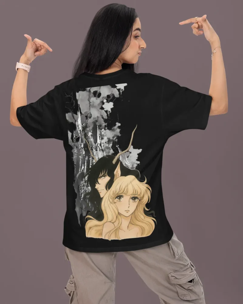 Oversized streetwear t-shirt featuring two manga-inspired characters framed against a gothic castle background in monochrome style.