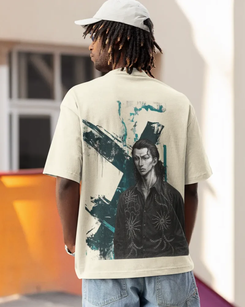 Oversized streetwear t-shirt featuring manga-inspired solemn man with embroidered shirt, teal brush strokes in the background.