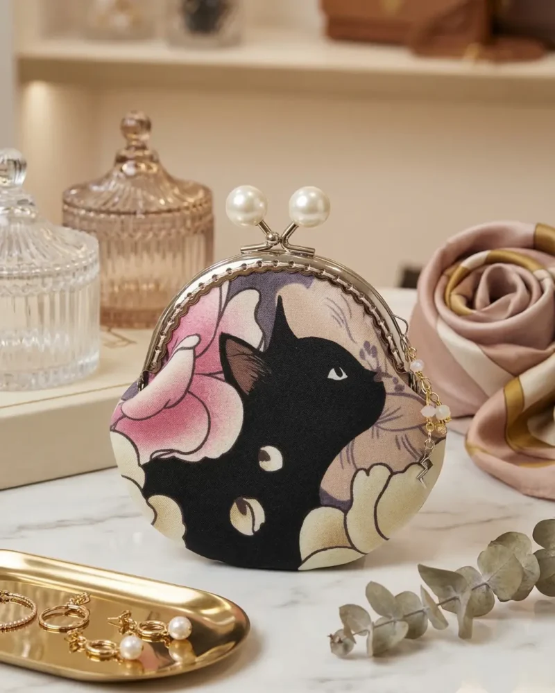 Traditional Japanese Kuro Neko Gamaguchi Pouch from Indian Anime Network