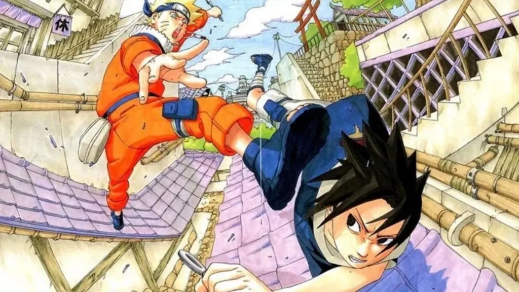Naruto Manga Panel Colored from the Original Naruto Manga containing sasuke and naruto
